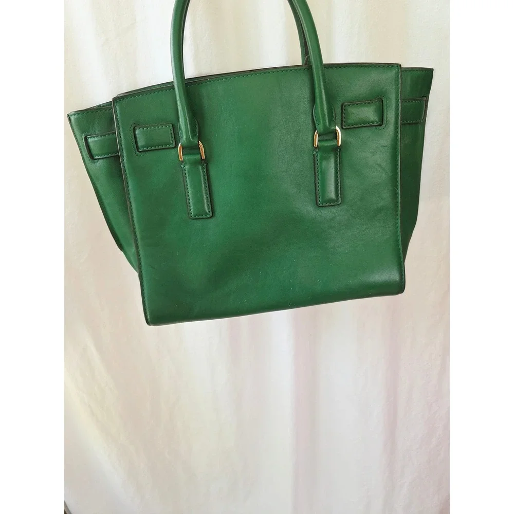 Michael Kors Hamilton Green Leather Satchel Gold Padlock Handbag Excellent